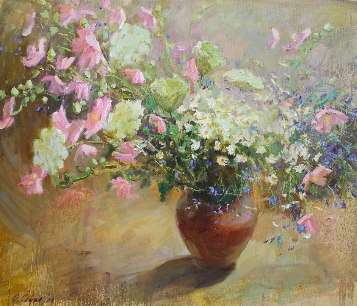 Impressionistic Still Life Oil Painting By Olga Samar, 28 X 24", Bouquet Of Wild Flowers, Original Artwork