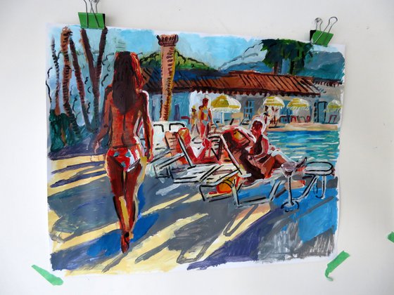 Swimming Pool scene with figure walking