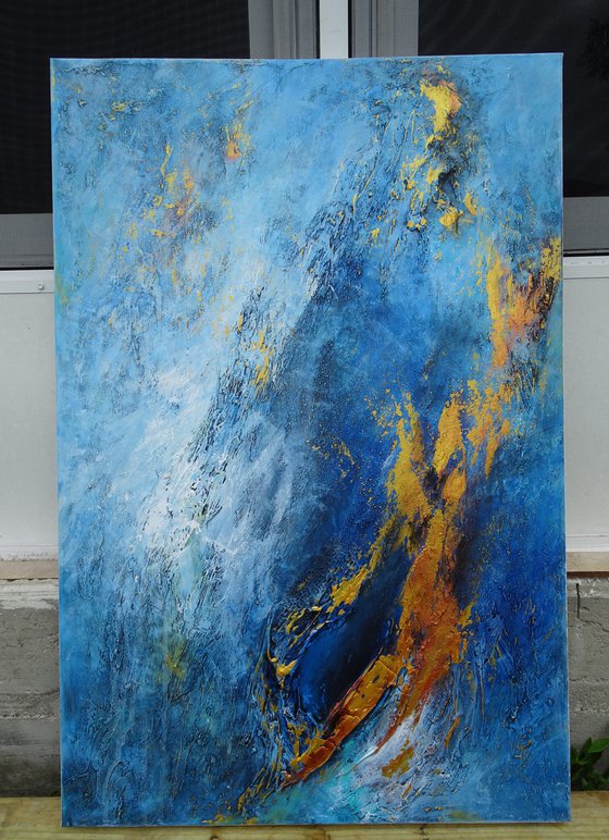 Large Blue and Gold Contemporary Abstract Landscape, Ocean Painting # 810-31. Textured Art