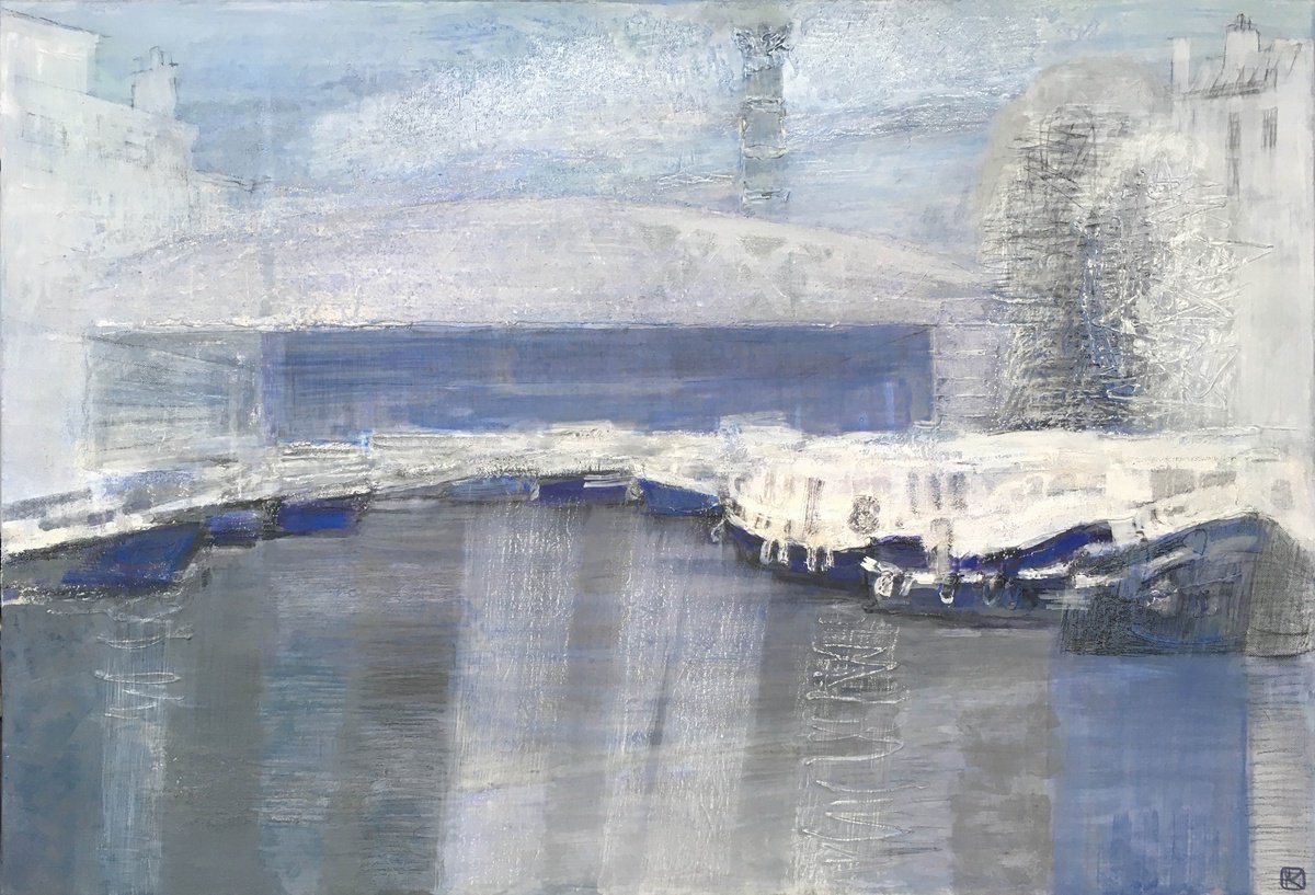 Impressionistic Cityscapes Acrylic Painting By Olga Kataeva-Rochford, 28 X 20", Paris, Arsenal Port, Original Artwork