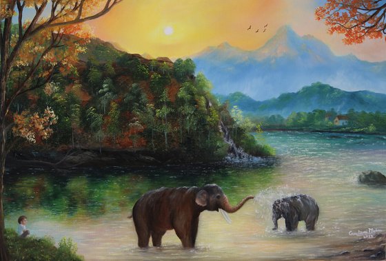 Elephants playing in forest sunrise