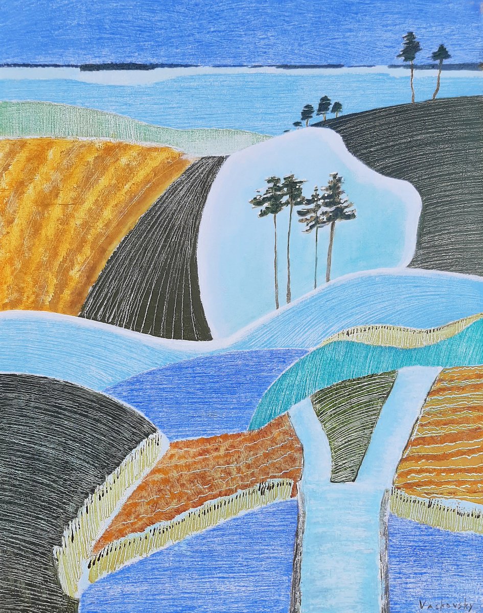 Naive Landscape Oil Painting By Vadim Vaskovsky, 16 X 20", Frozen Bridge, Original Artwork