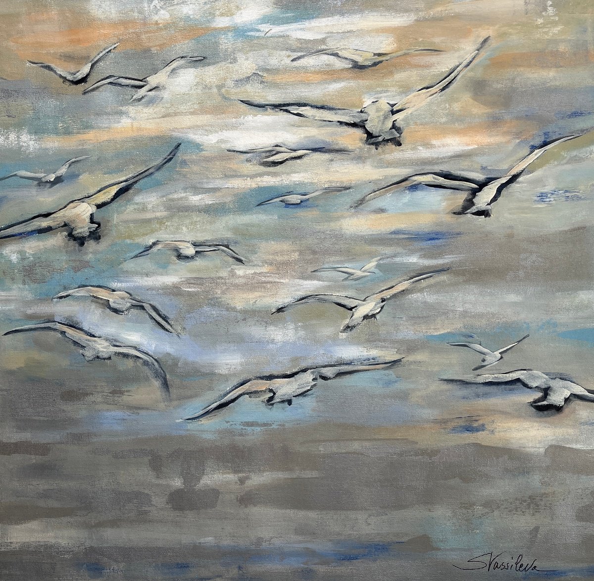 Impressionistic Animal Acrylic Painting By Silvia Vassileva, 30 X 30", Birds And Wispy Clouds, Original Artwork
