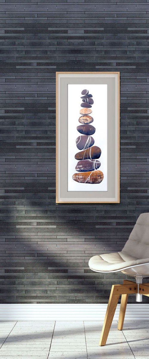 Zen stones - Eleven stones #2 (banded balancing stones lino/monoprint) by Carolynne Coulson