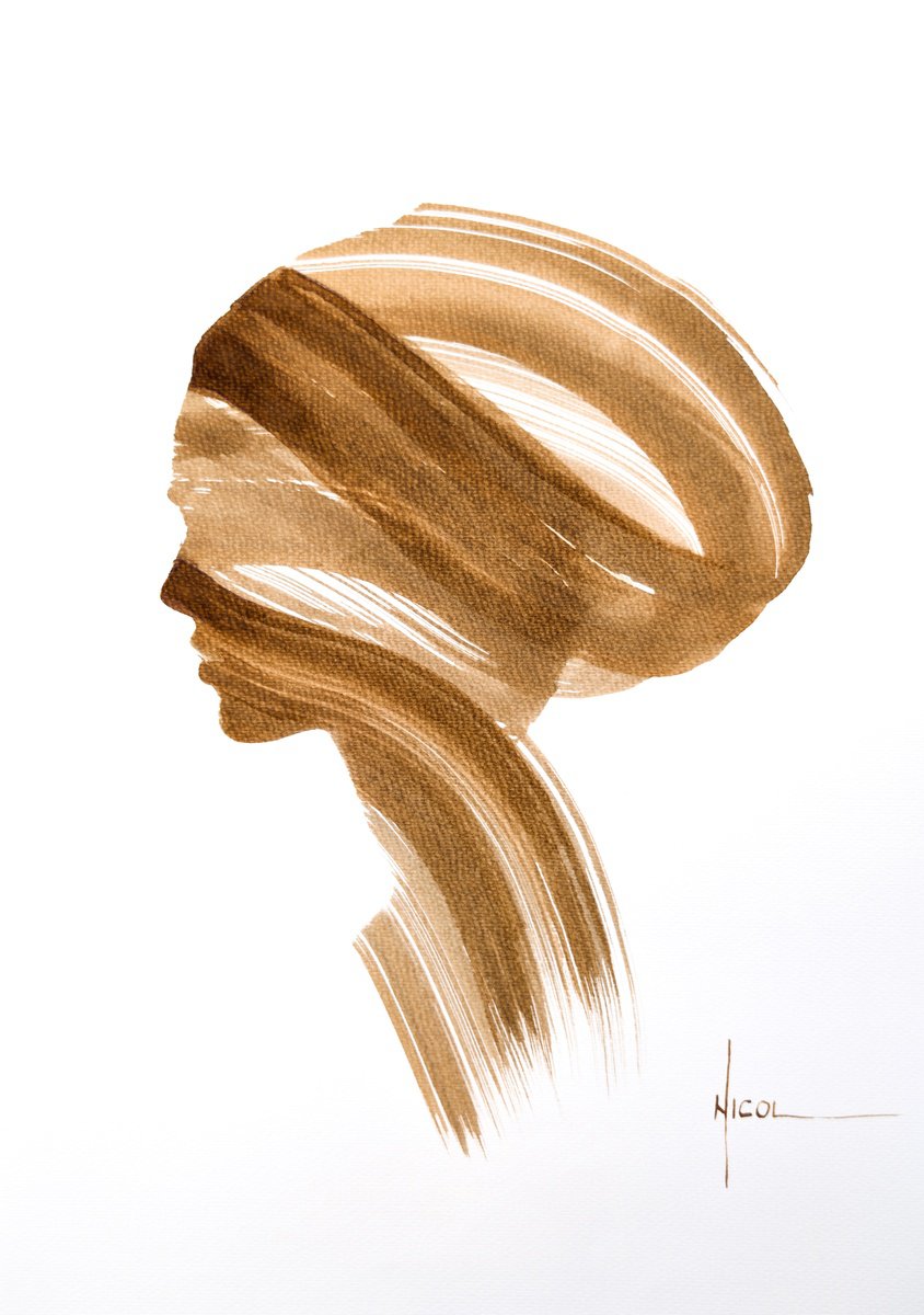 Expressive Portrait Ink Drawing By Nicol Vacaru, 15 X 22", Golden Stillness, Original Artwork