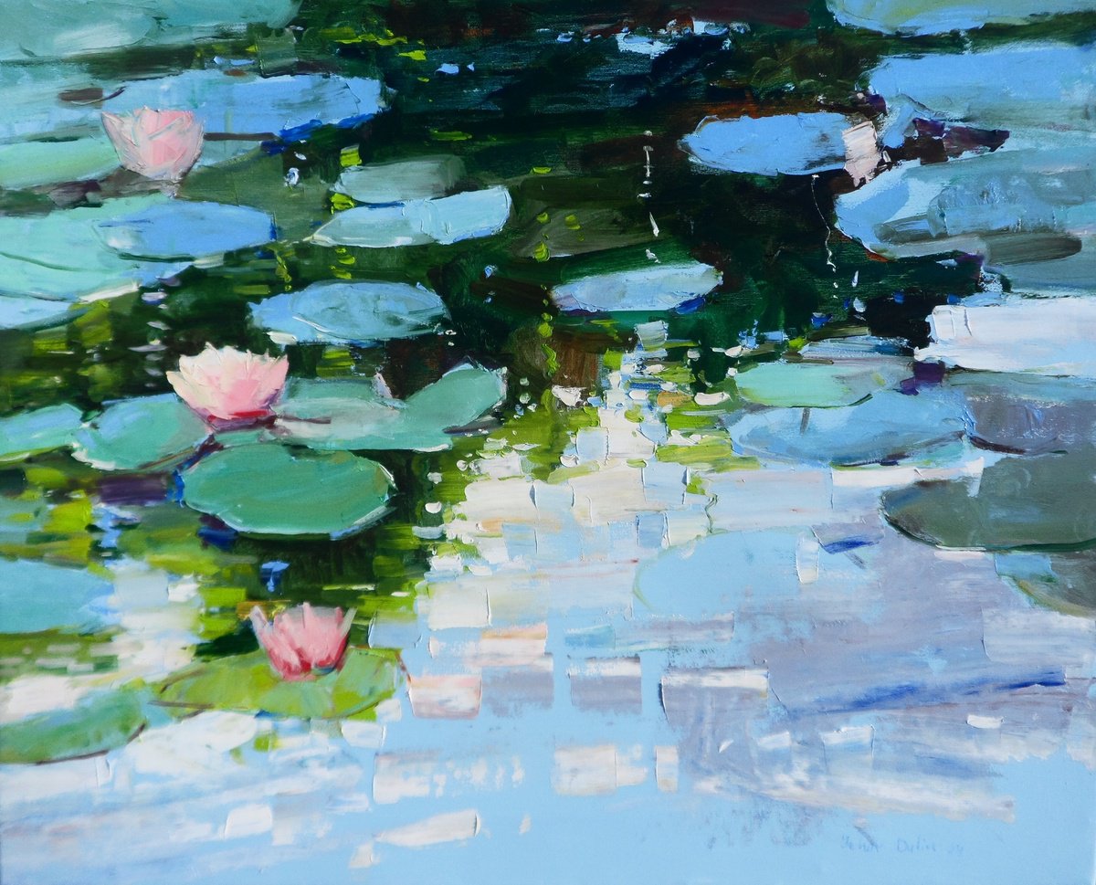 Impressionistic Landscape Oil Painting By Yehor Dulin, 39 X 31", "Water Lilies", Original Artwork