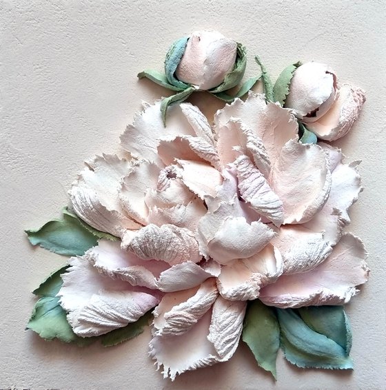 Peony flower panel. Small ceramic sculpture 3d flower with white petals. Tender peony botanical bas- relief. Peonies - 3d painting