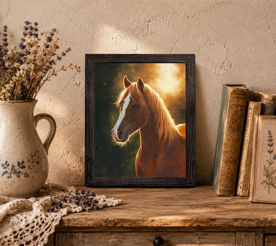 Brown horse portrait at sunset