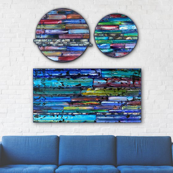 "Are You Not Entertained?" - Save As A Series - Original PMS Sculptural Mixed Media Painting Assemblage Triptych On Circular and Rectangular Wooden Panels - 48 x 48 inches