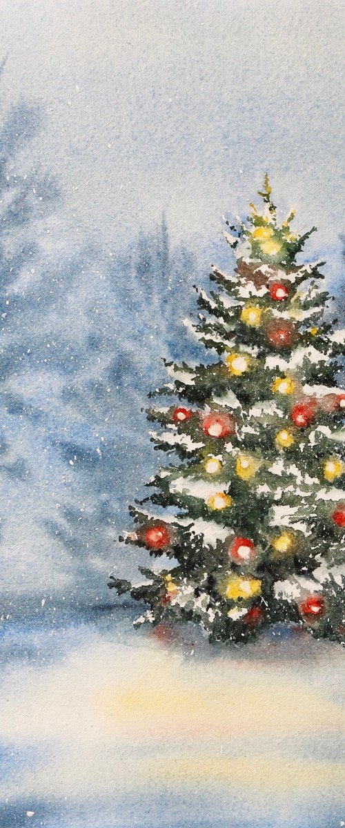 Christmas tree with decorations and garlands in the forest. Original watercolor artwork. by Evgeniya Mokeeva