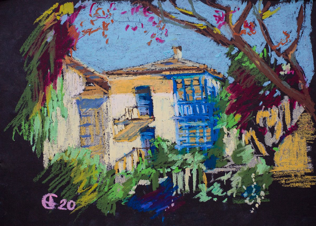 Toro, Spain. Old house under the sun. Oil pastel painting. Madrid original yellow blue old... by Sasha Romm