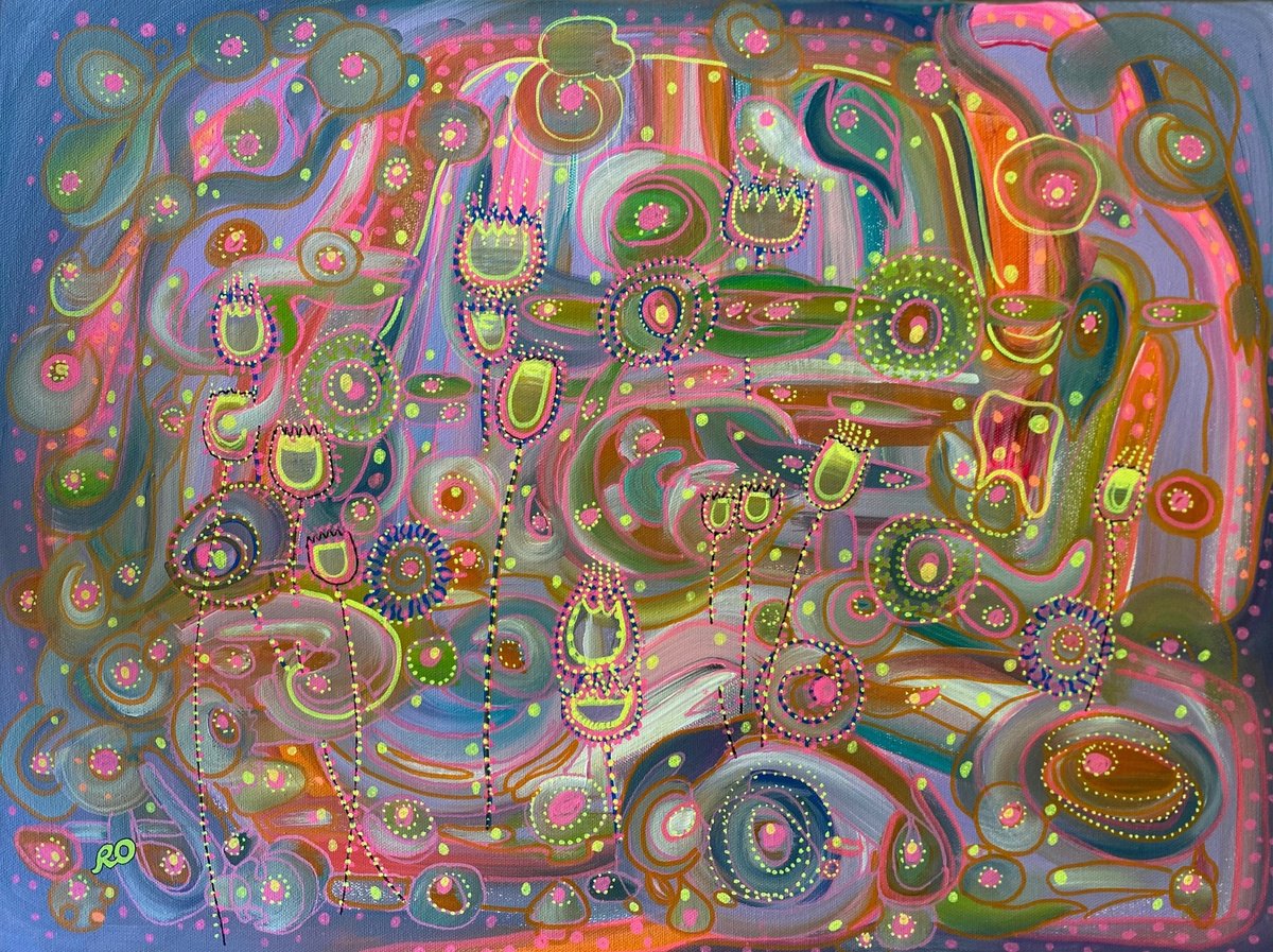 Abstract Botanical Acrylic Painting By Olga Rokhmanyuk | Roartus, 24 X 18", Metropolis Flowers, Original Artwork