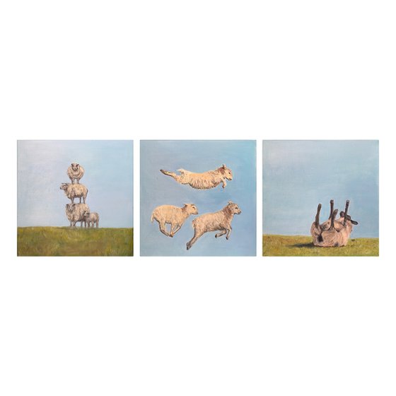 Lambs - Ovine Antics: A Pastoral Triptych in Oil on Linen