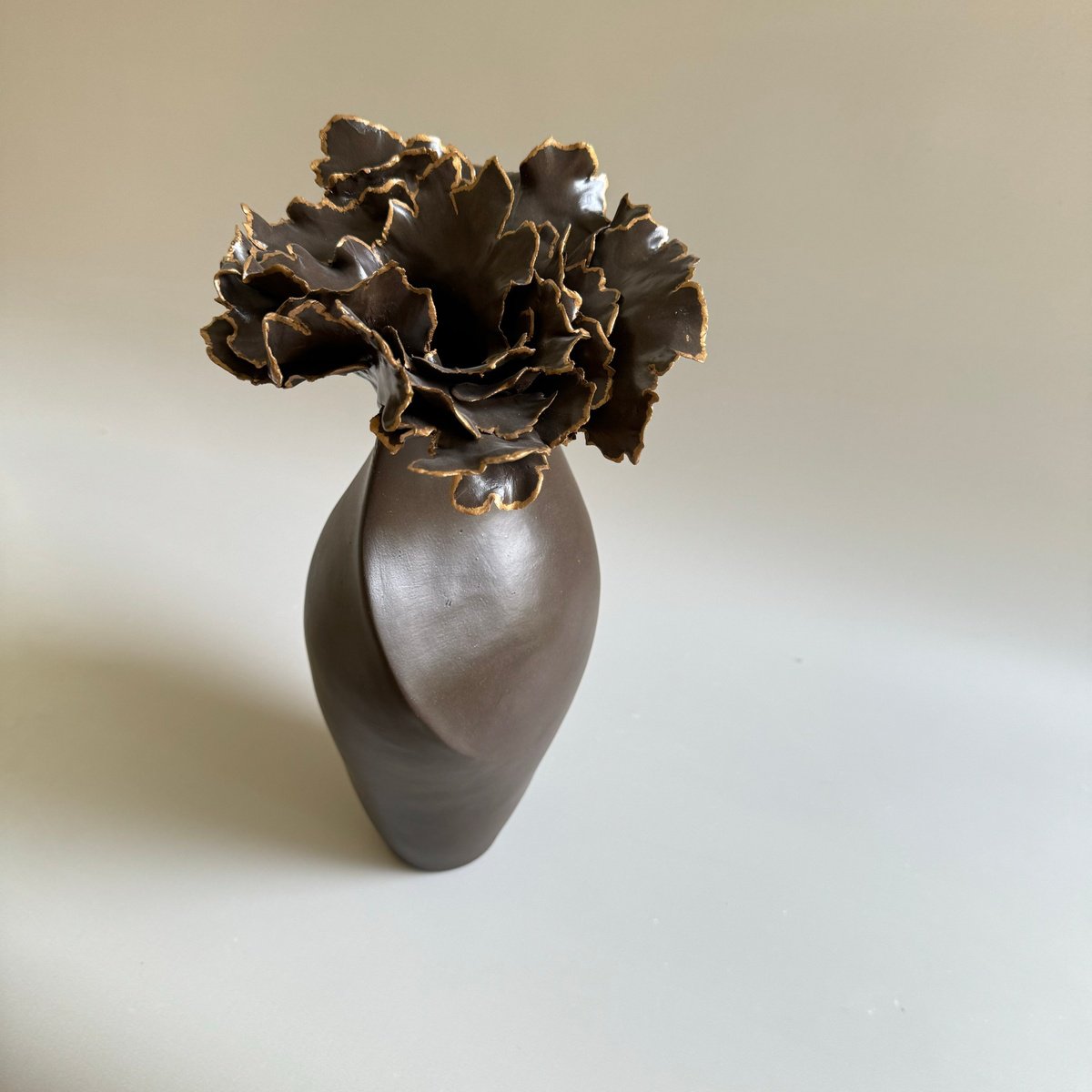 Organic Botanical Clay Sculpture By Ceramicabeli Alexandra Beliba, 8 X 14, Chocolate Peony V40 - 2024, Original Artwork