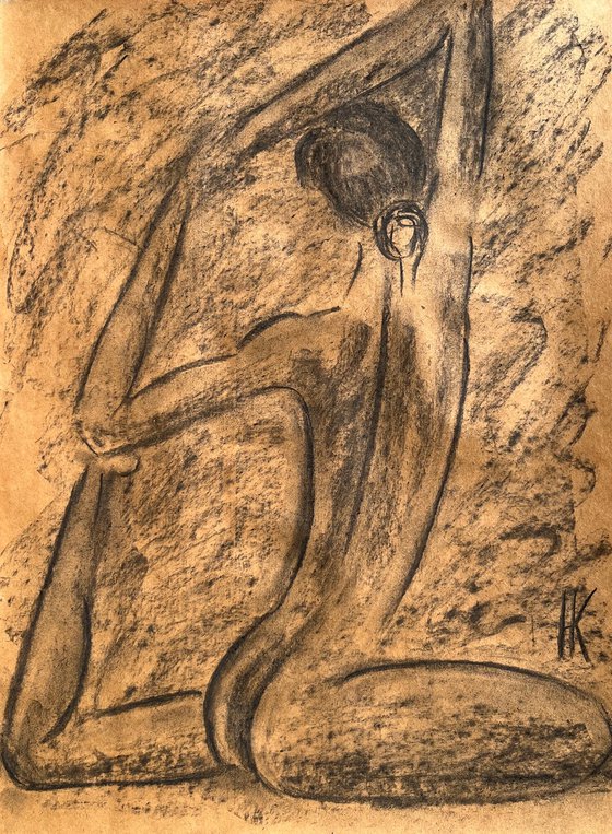 Nude Yoga Girl Charcoal Art