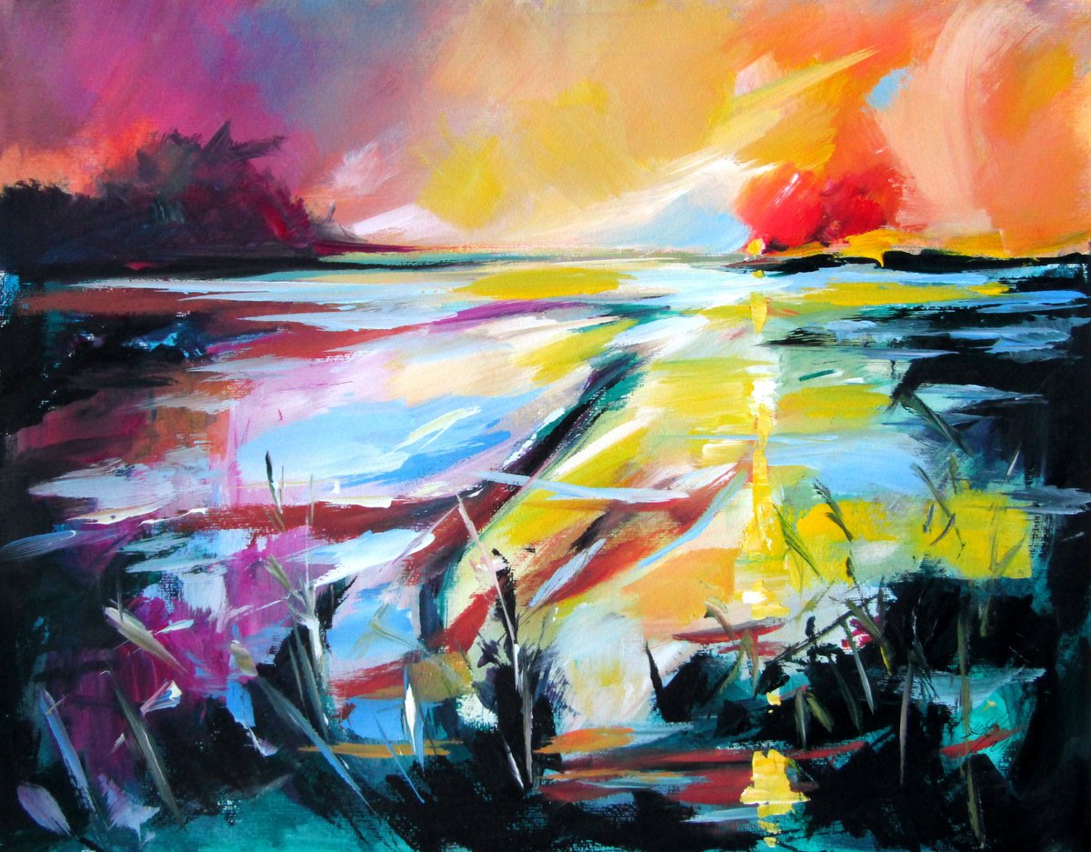 Abstract Landscape Acrylic Painting By Kovacs Anna Brigitta, 26 X 20", Landscape Impression Iv, Original Artwork