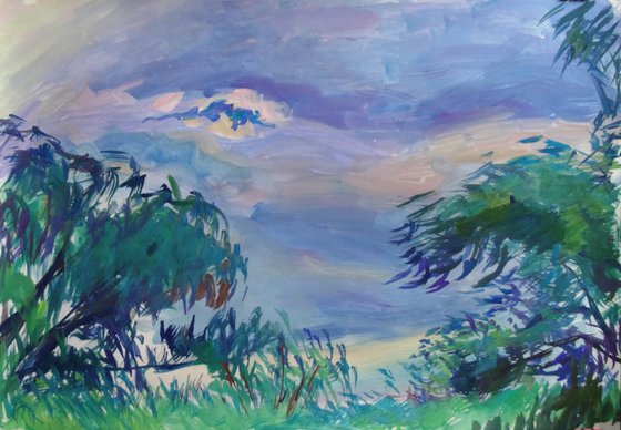 Willows in the wind. Gouache on paper. 61 x 43 cm