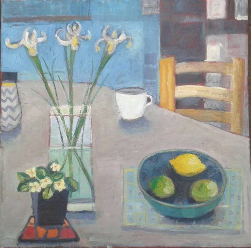 Irises, pot plant, lemon and limes by Jo Sharpe