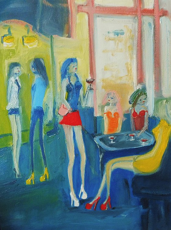 GIRL RED MINI SKIRT, WINE with GIRLFRIENDS. Original Oil Figurative Painting. Varnished.