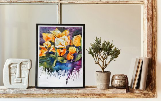 Yellow bougainvillea - expressive original watercolor flower, falling paint