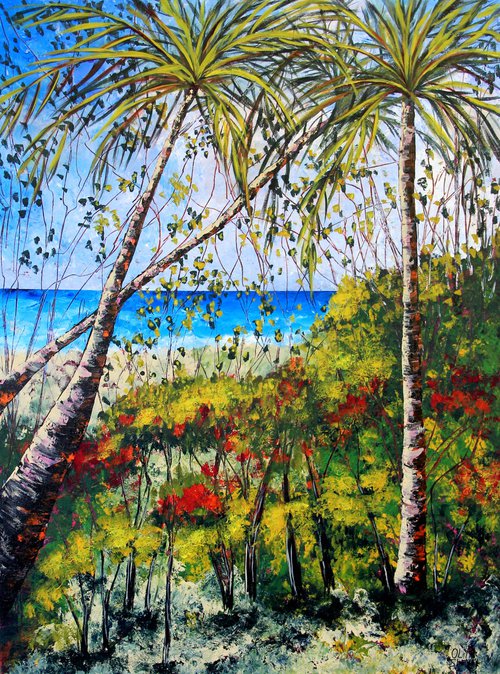 Palm tree beach painting Medium-sized impressionistic landscape, sea and sky acrylic paintings Exhibiting artist by Olya Shevel by Olya Shevel