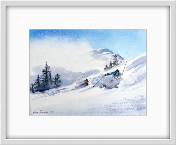 Skiers on the slope, downhill skiing on a snowy slope original artwork watercolor painting with winter landscape in medium size