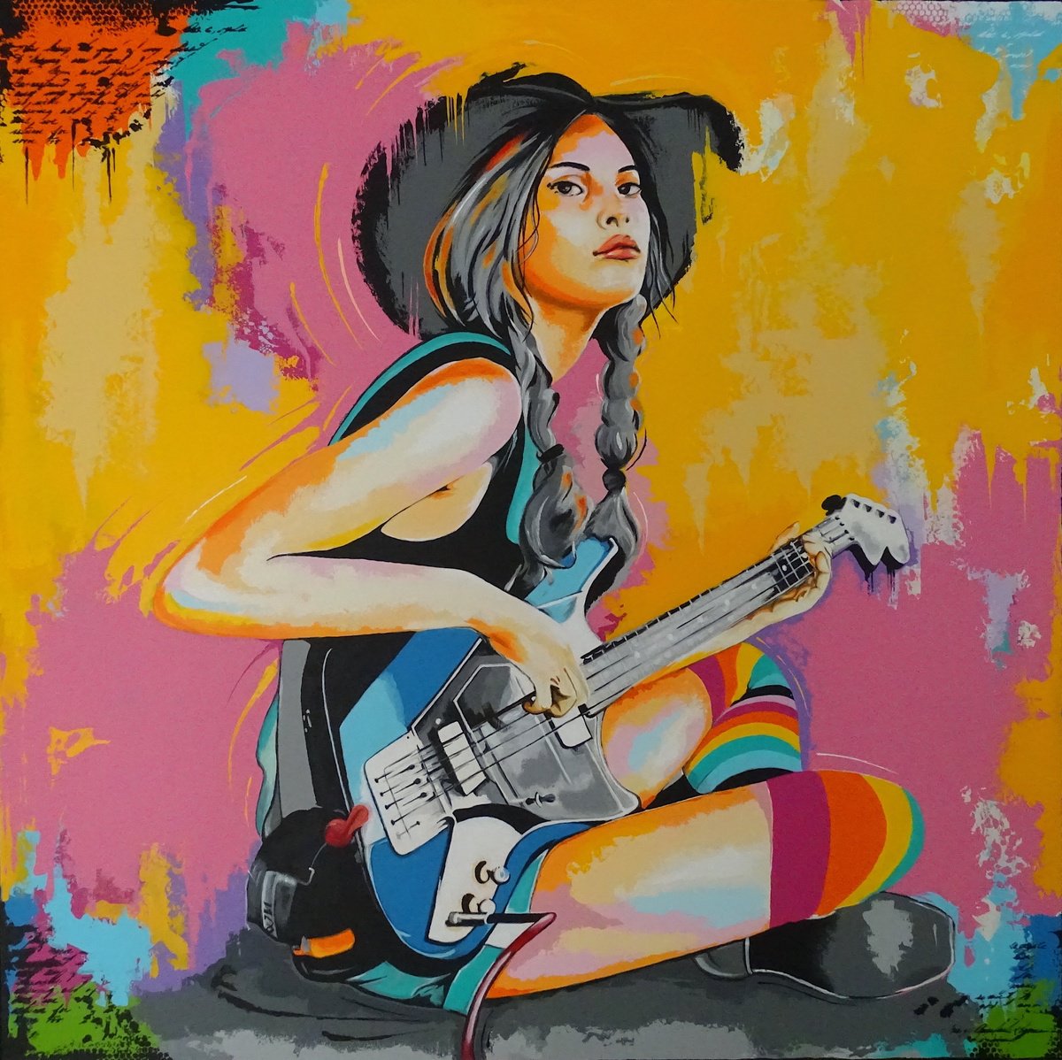 Expressive Portrait Acrylic Painting By Livien Rozen, 39 X 39", Female Guitar Player, Original Artwork