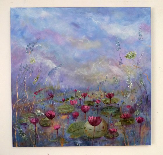 The sacred blooms 70 x70 cm. Impressionist landscape with water lilies