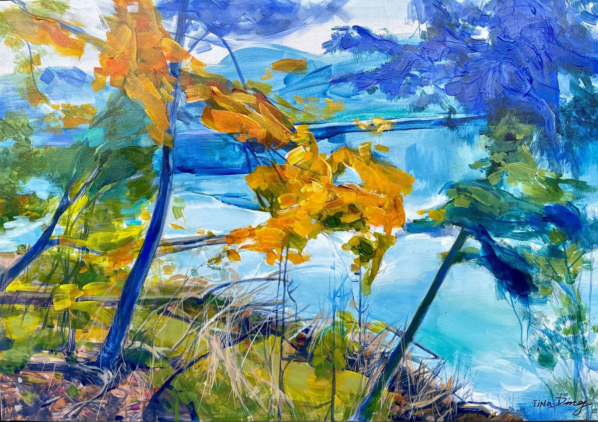 Expressive Abstract Acrylic Painting By Tina Ding, 39 X 27", That Yellow Tree, Original Artwork