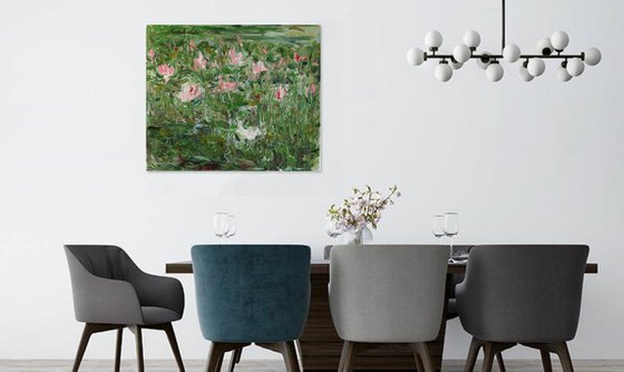 LOTUS POND - Floral art, original oil painting, water lily landscape, green rose calm coloured, lotus flower, waterlilies, impressionism, expressive