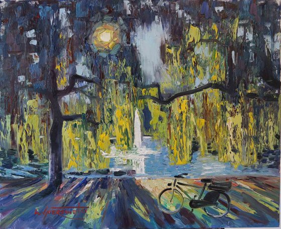 Impressionist Summer Landscape, Willow Tree in a Park Oil Painting, Original Wall Art, Gestural Oil Painting in a Loose Style, Park Scenery in Summertime