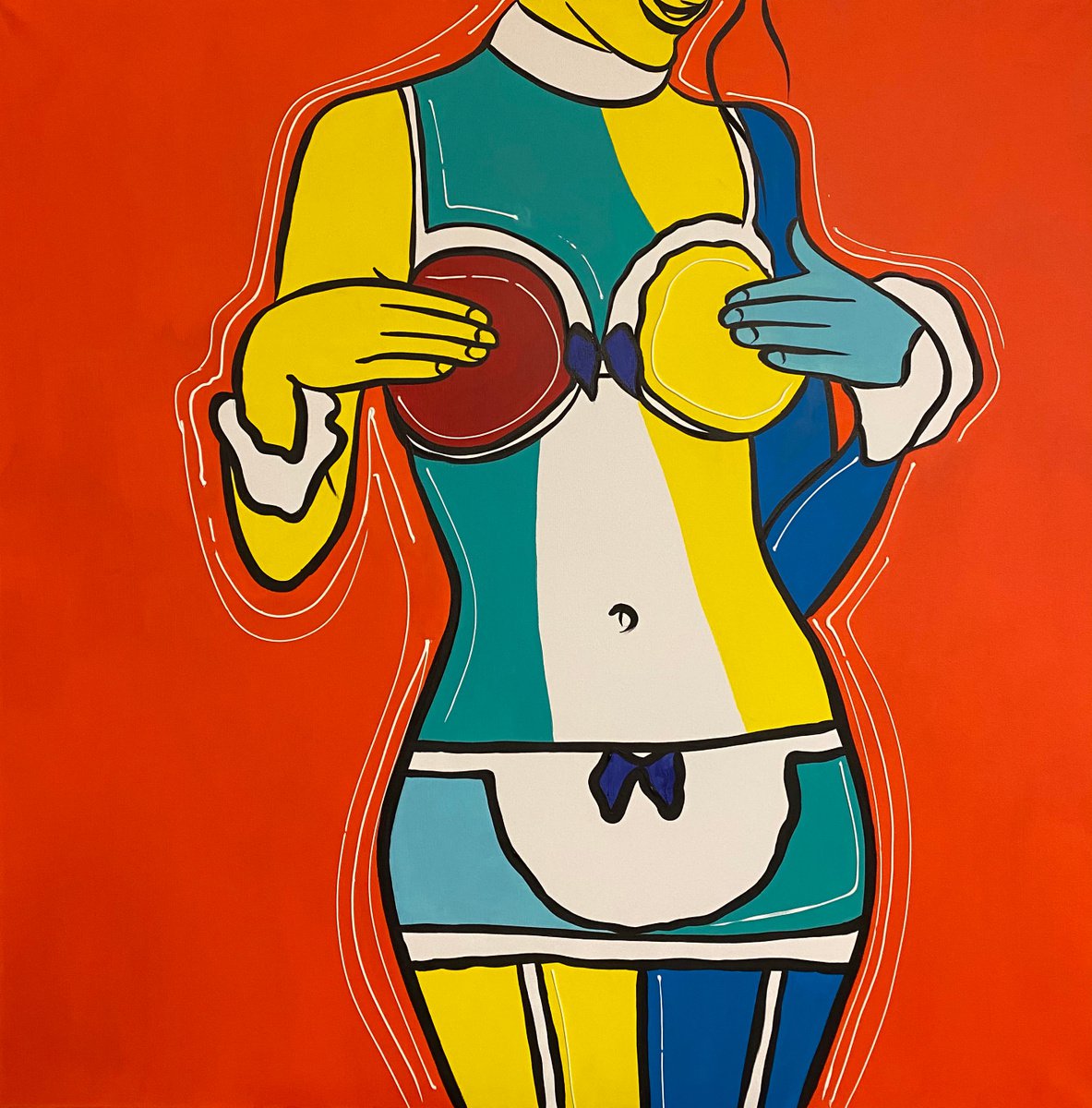 Abstract Portrait Acrylic Painting By Eka Peradze, 39 X 39, Woman Comic Acryl Eka Peradze Art., Original Artwork