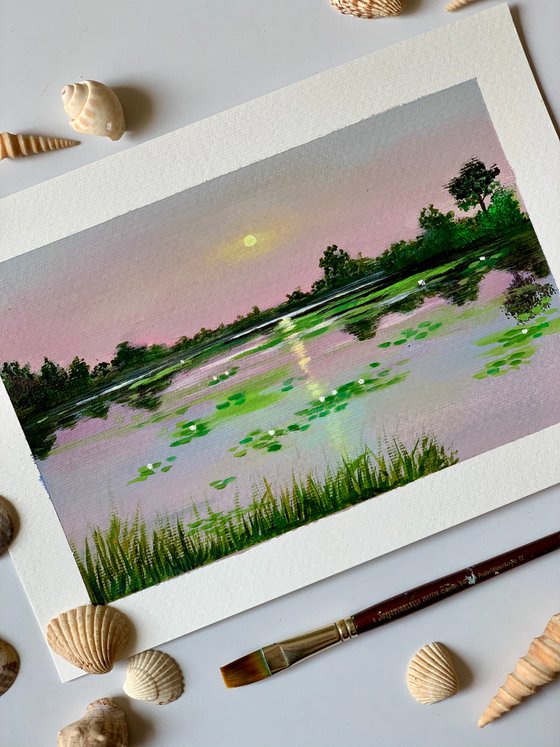Water lily pond at pink sunset ! A4 Painting on paper