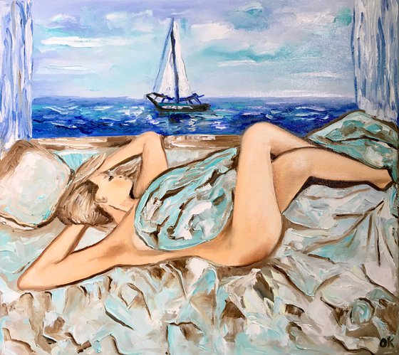 Nude. Dreaming girl, seaside.