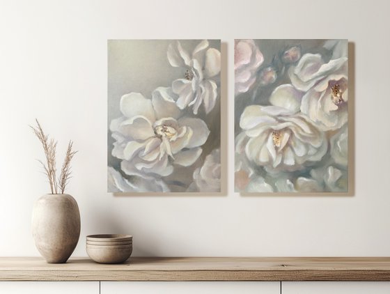 White Roses Petals diptych
