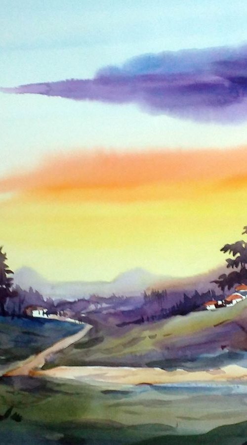 Beauty of Himalaya Sunset - Watercolor Painting by Samiran Sarkar