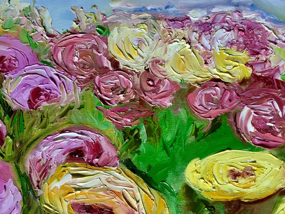 Large size WHITE PINK YELLOW PURPLE  ROSES in a Greenwich rose garden palette  knife modern still life  flowers office home decor gift