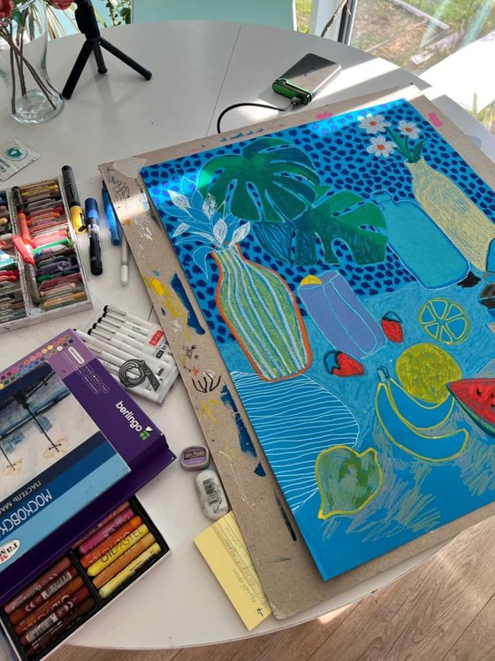 Blue Still Life with Fruits