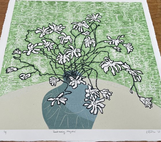 Linocut Print Morning Magnolia