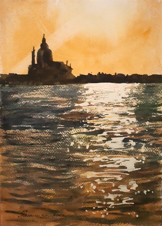 City at sunset... Venice.  7.5X10.5" /  ORIGINAL PAINTING