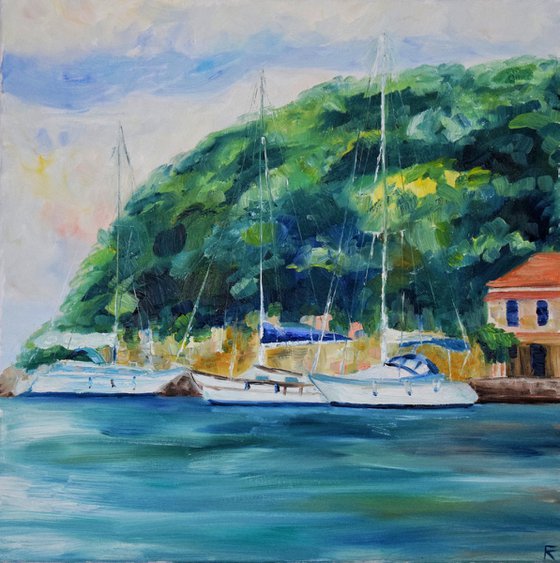 Ships oil painting, seascape original canvas art, Greece landscape artwork