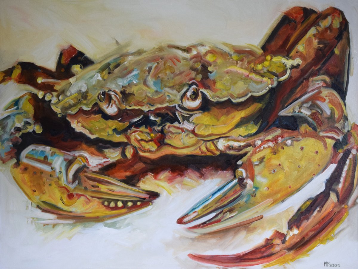 Expressive Animal Oil Painting By Michelle Parsons, 40 X 30", Golden Crab, Original Artwork