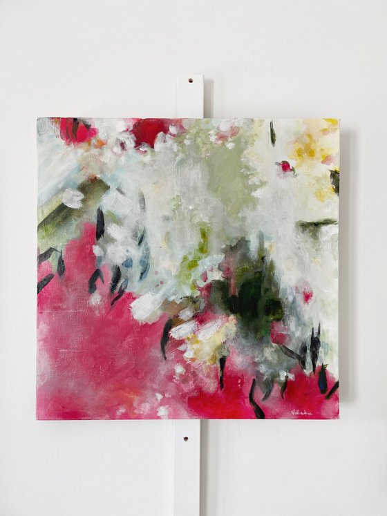 EARLY SUMMER - 50 x 50 CM - ACRYLIC ABSTRACT PAINTING ON CANVAS * RED * DARK GREEN * WHITE