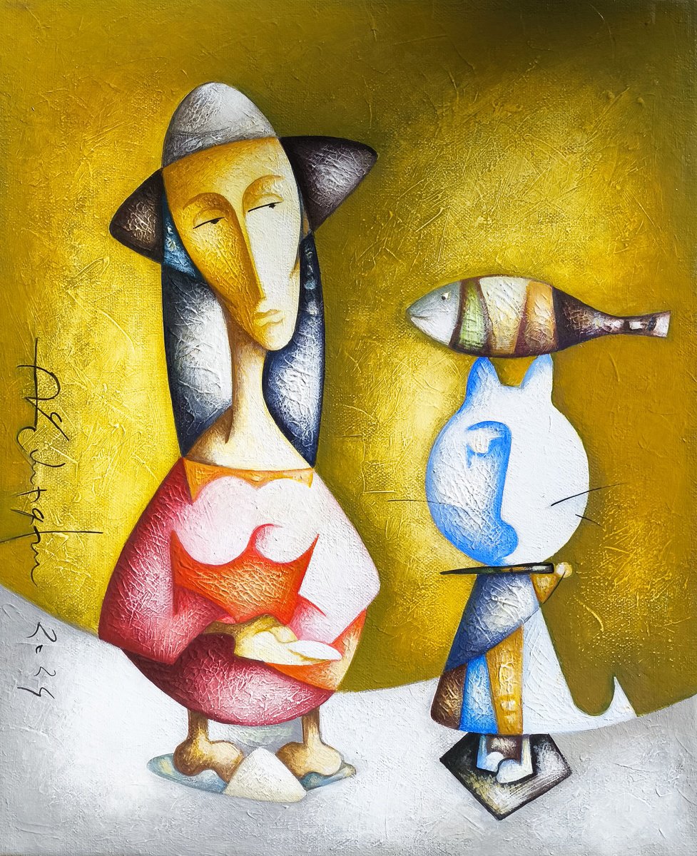 Naive Portrait Oil Painting By Sargis Zakarian, 16 X 20", Fisher Cat Dreams, Original Artwork