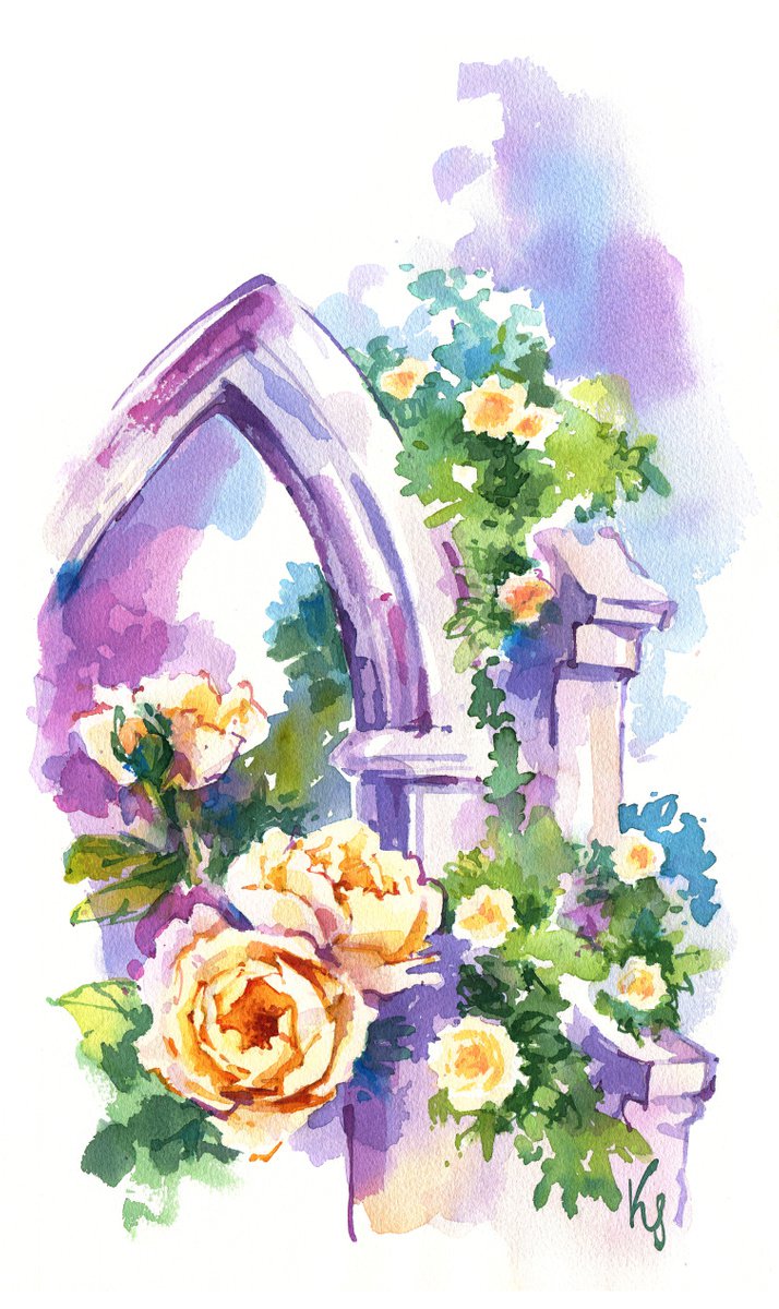Bright summer landscape Bushes of yellow roses at the walls and arches of an ancient cast... by Ksenia Selianko