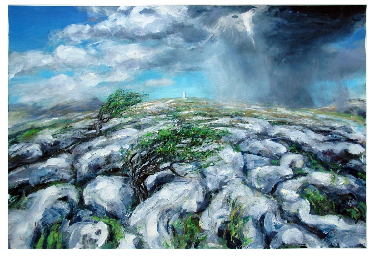 Expressive Landscape Painting By John Sharp, 37 X 26, Moor, Trig Point, Cumbria, Original Artwork