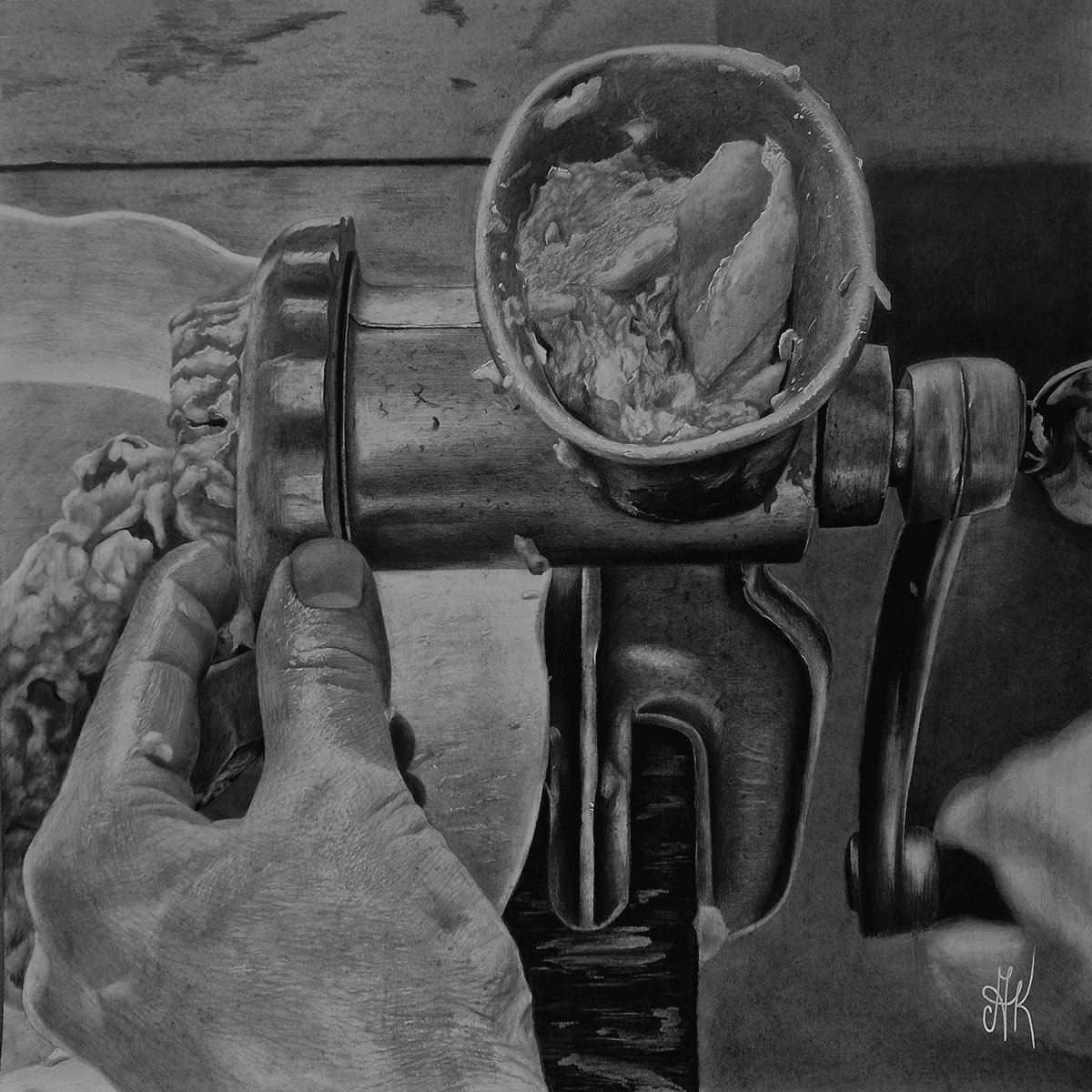 Photorealistic Portrait Pencil Drawing By Kateryna Kostyk, 17 X 17", "There Will Be Sausage", Original Artwork