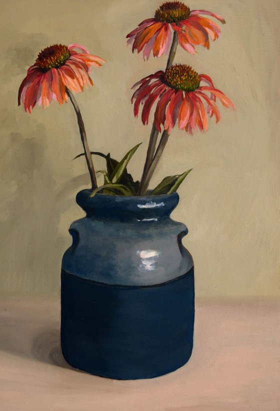 Coneflowers in Blue Jug