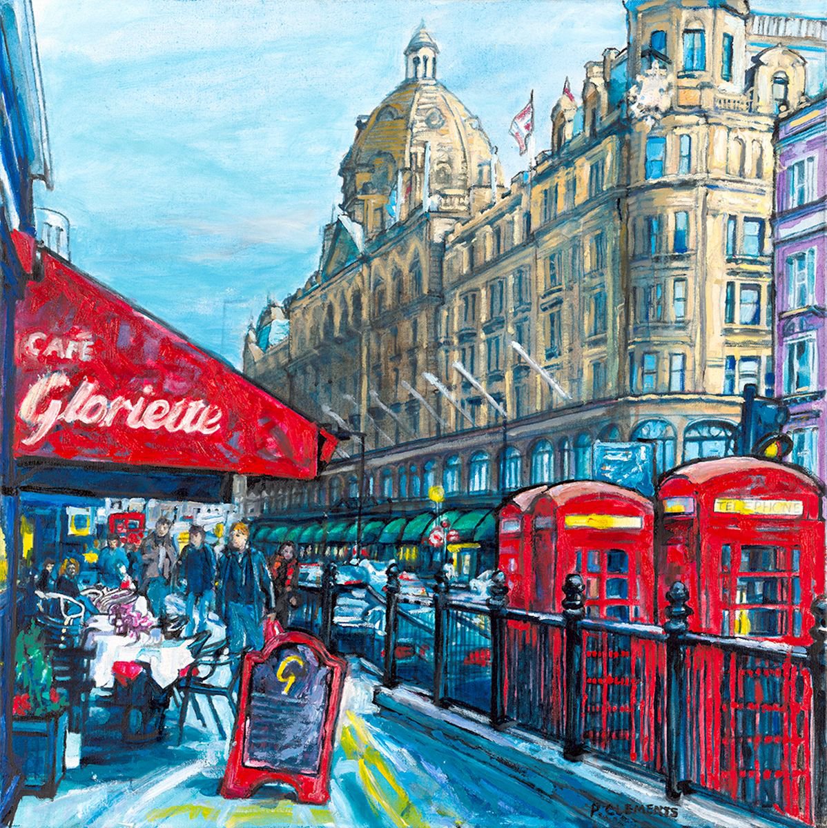 Impressionistic Cityscapes Oil Painting By Patricia Clements, 36 X 36", Harrods, A London Scene, Original Artwork