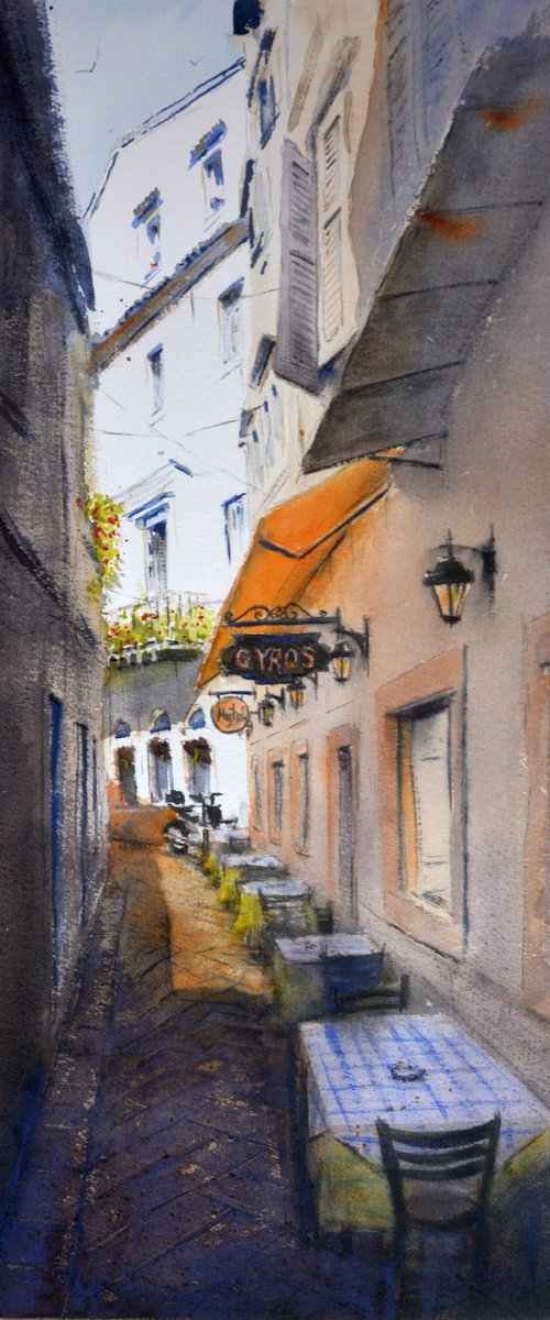 Gyros bar Corfu Greece 23x54cm 2020 by Nenad Kojić watercolorist